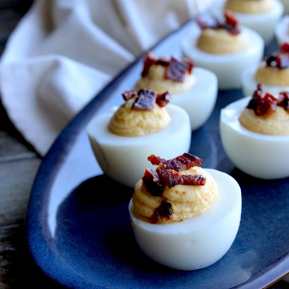 Deviled Eggs with Candied Bacon