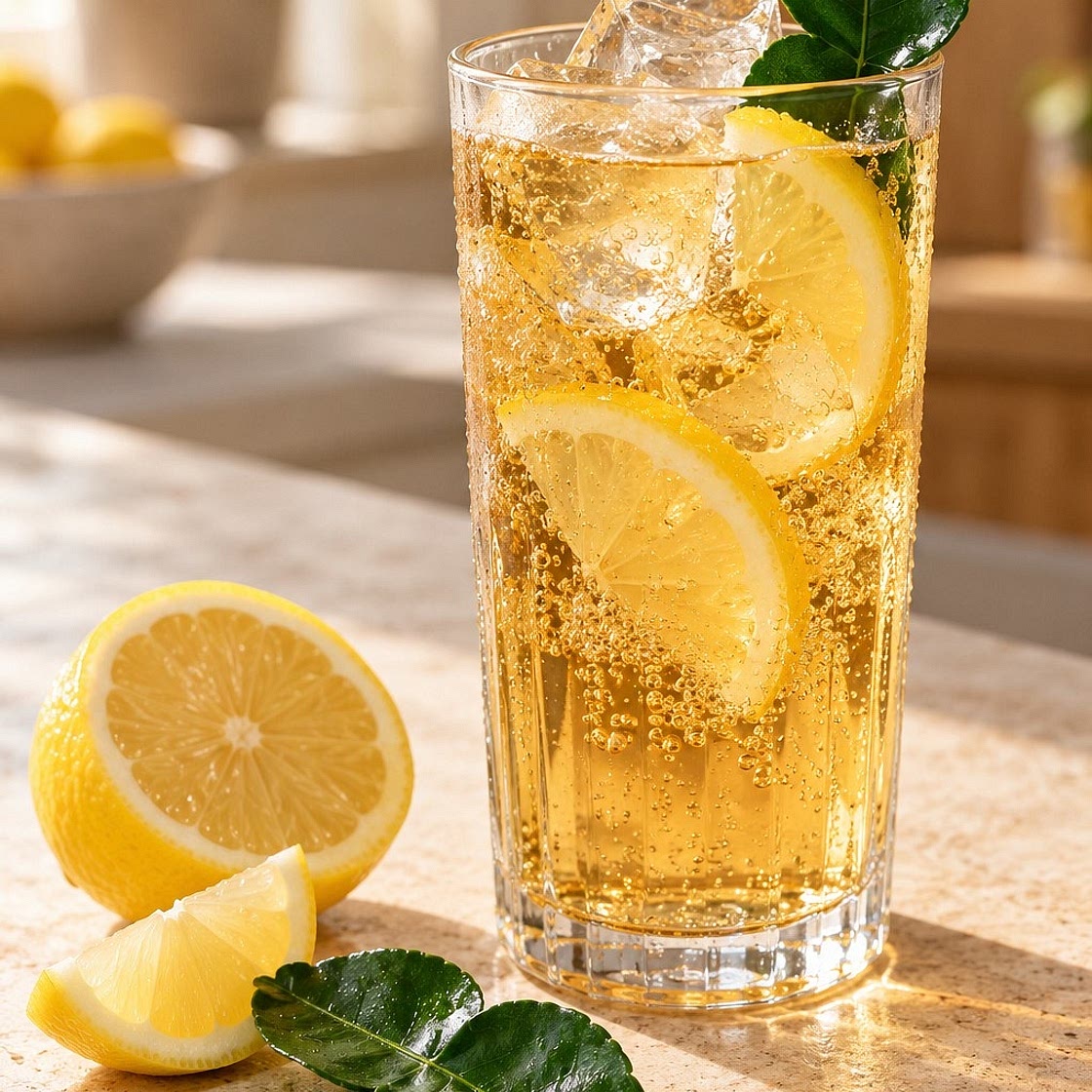 Almdudler mit Zitrone und Limettenblatt