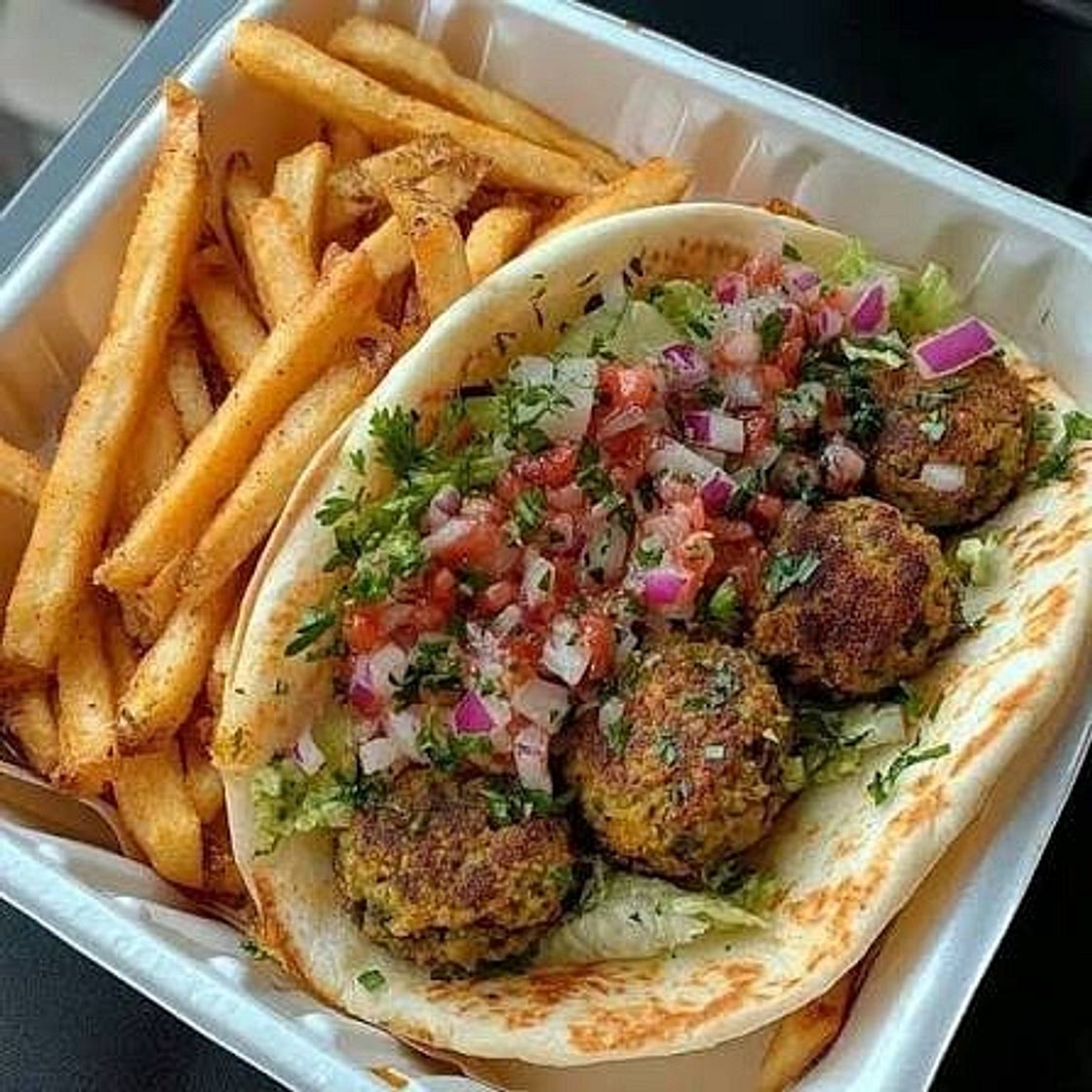 Loaded crispy falafel wraps + fries + garlic sauce