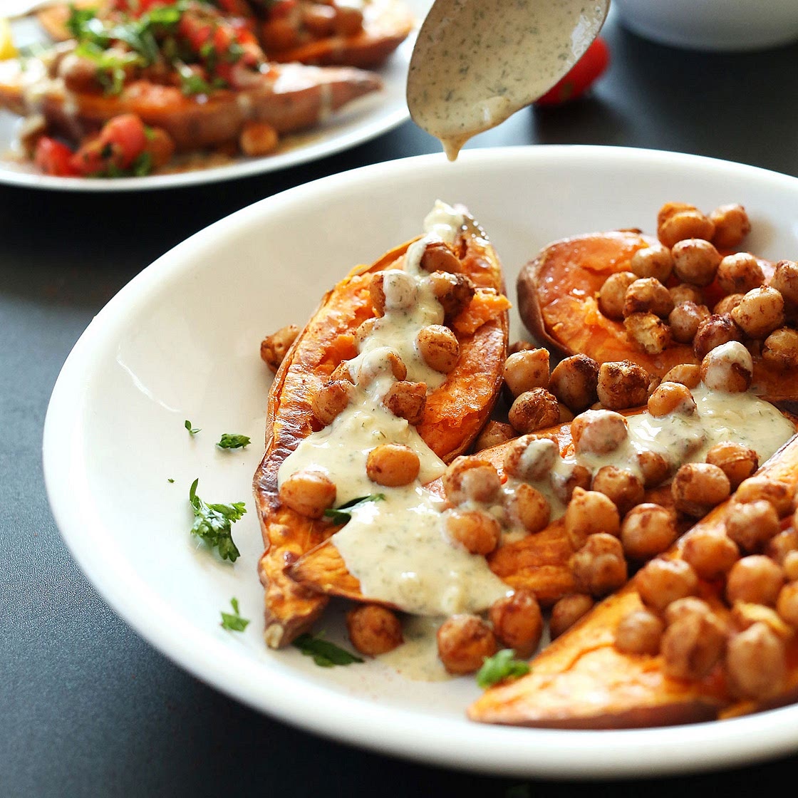 Mediterranean loaded potato & chickpea tray