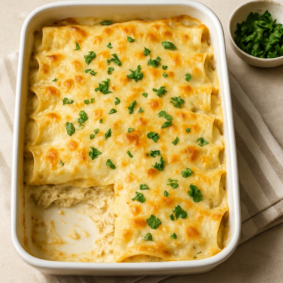 Creamy White Chicken Enchilada Bake