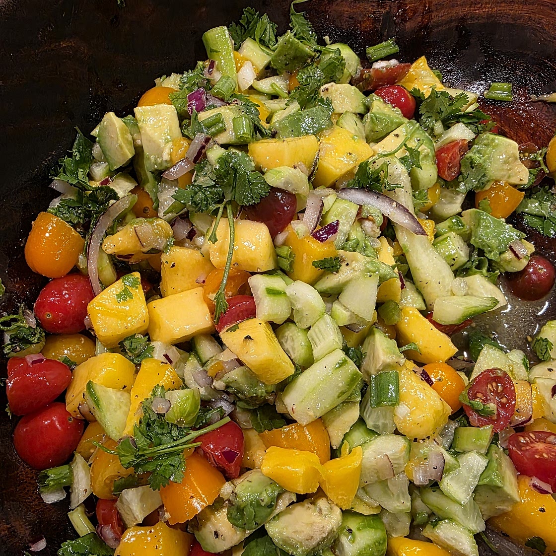 Cod with cucumber, avocado & mango salsa salad
