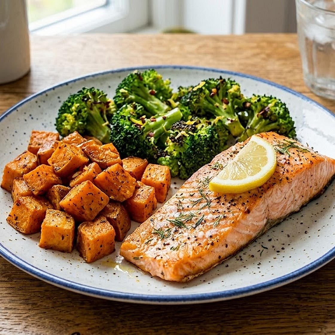 Salmon with sweet potatoes & broccoli