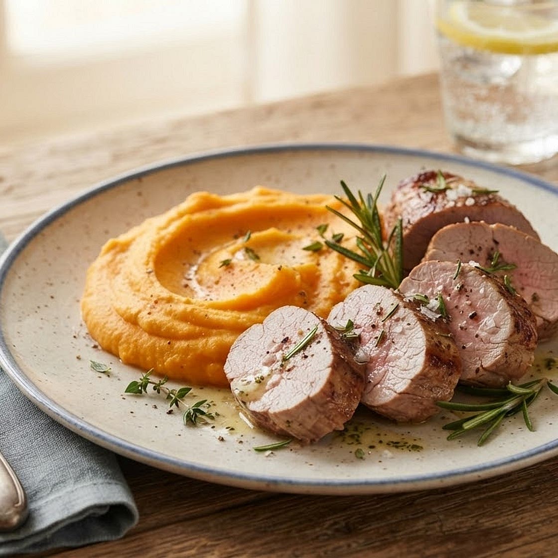 Pork Tenderloin with Sweet Potato Puree & Herb Butter