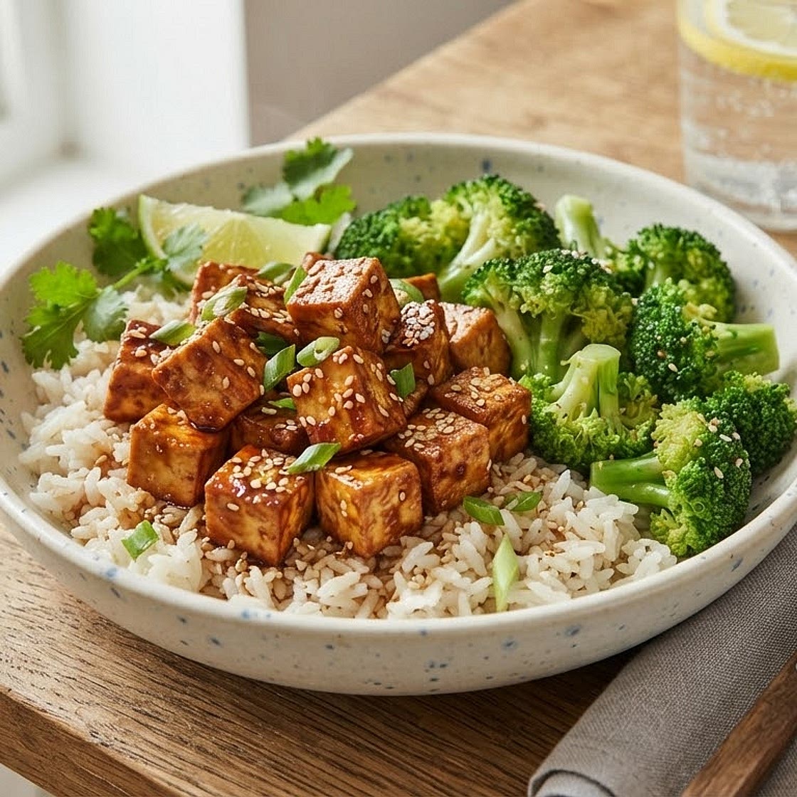Glazed Teriyaki Tofu with Jasmine Rice and Broccoli
