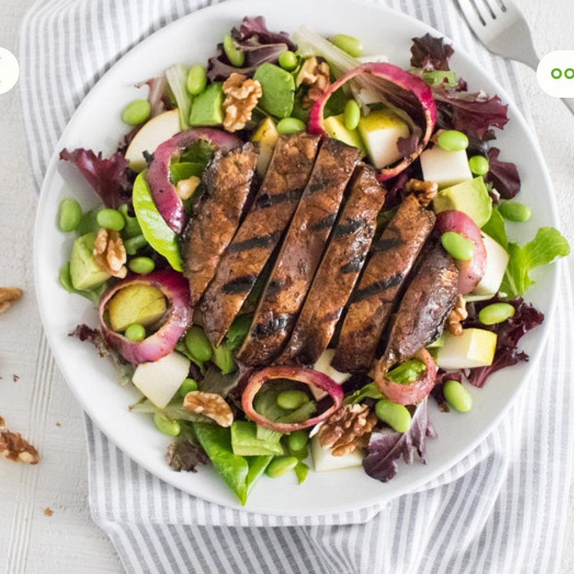 Balsamic Portobello Salad with Pear, Edamame, Walnuts & Avocado
