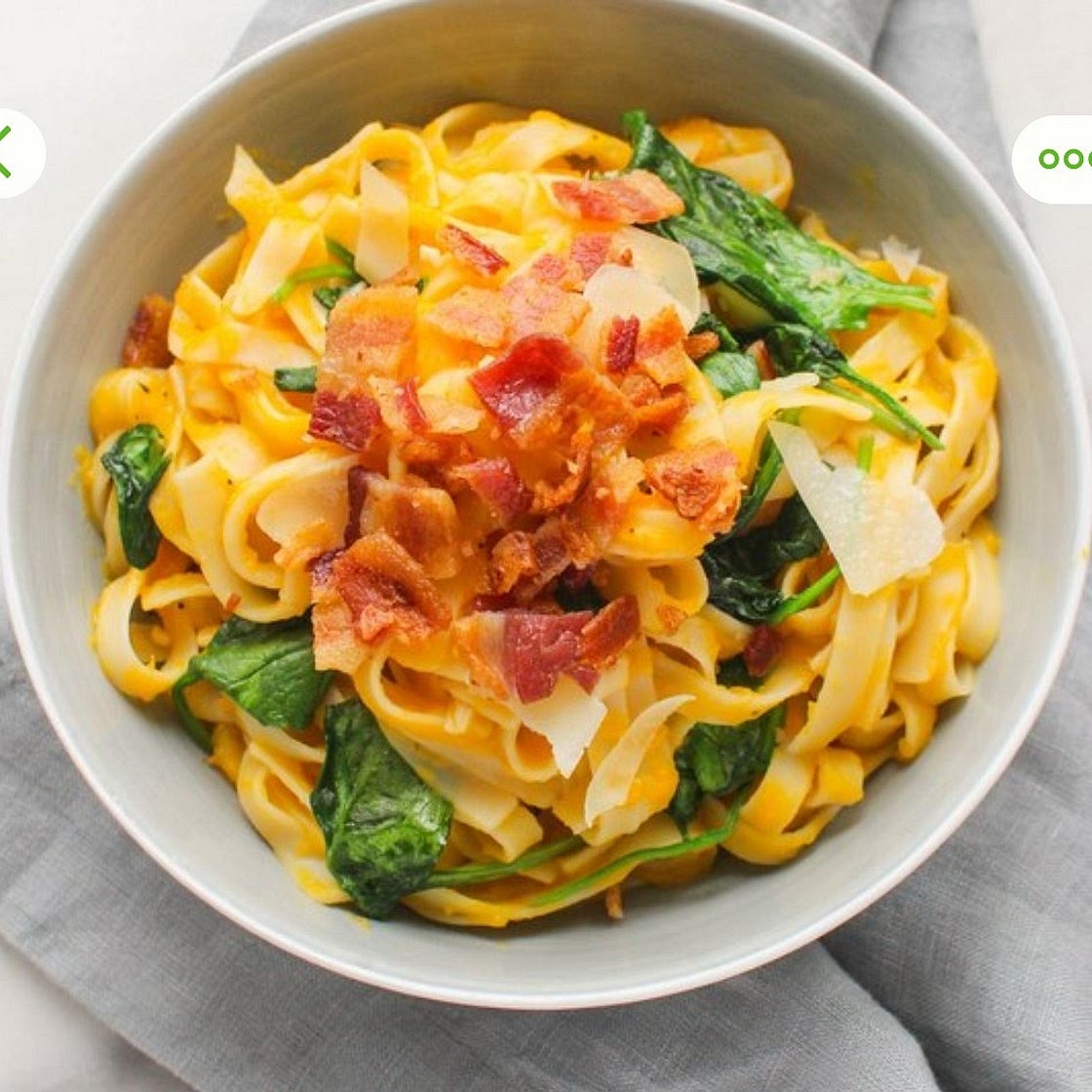 Butternut Squash Fettuccine with Bacon & Baby Spinach