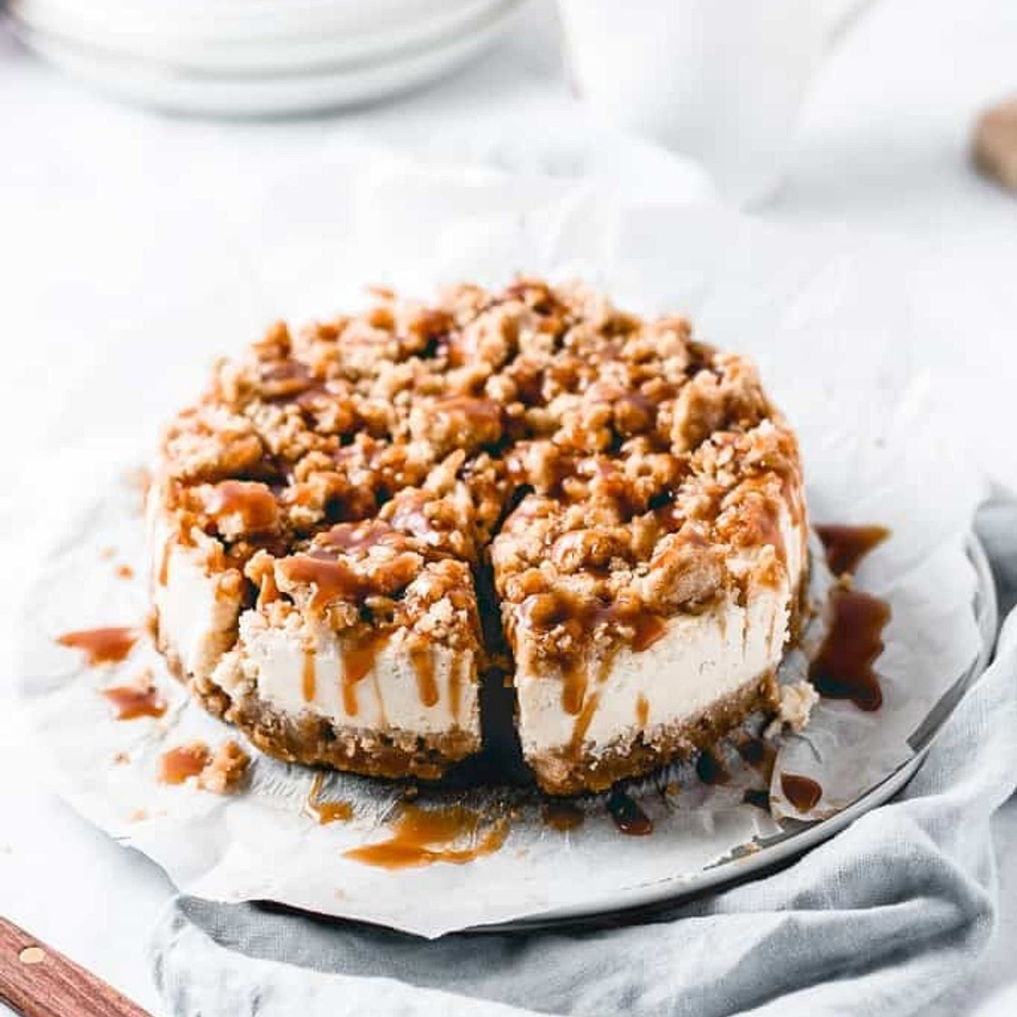 apple crumble cheesecake with salted caramel sauce