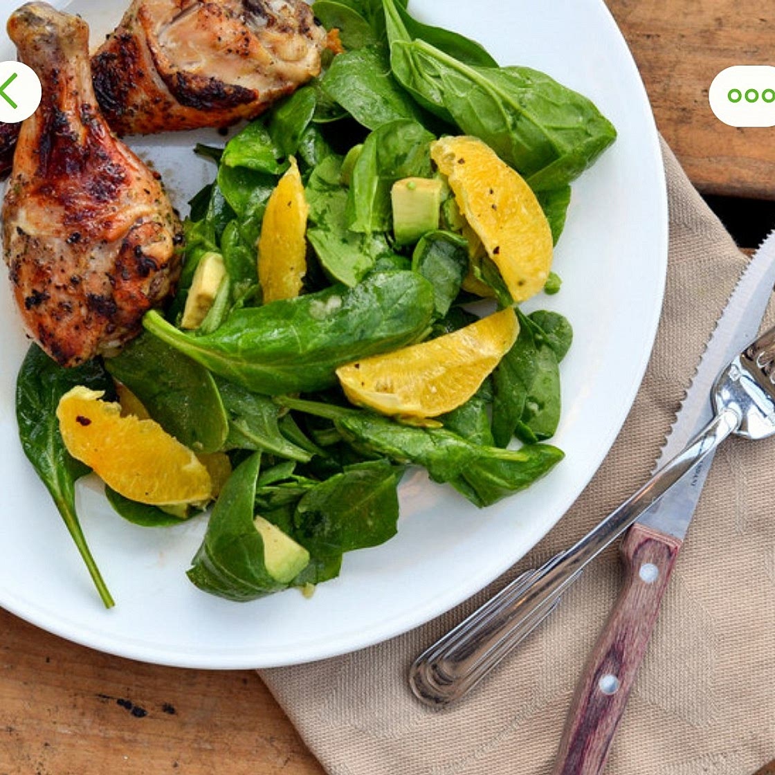 Honey Garlic Chicken Drumsticks with Spinach, Avocado & Orange Salad