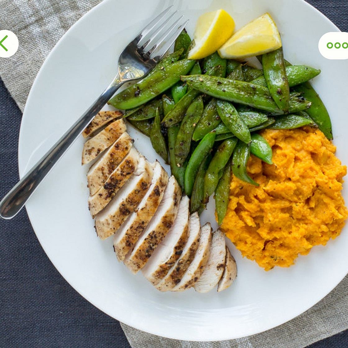 Pan-Fried Chicken with Sautéed Sugar Snap Peas & Sweet Potato Mash