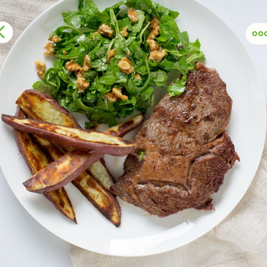 Ribeye Steak with Sweet Potato Wedges & Arugula-Walnut Salad
