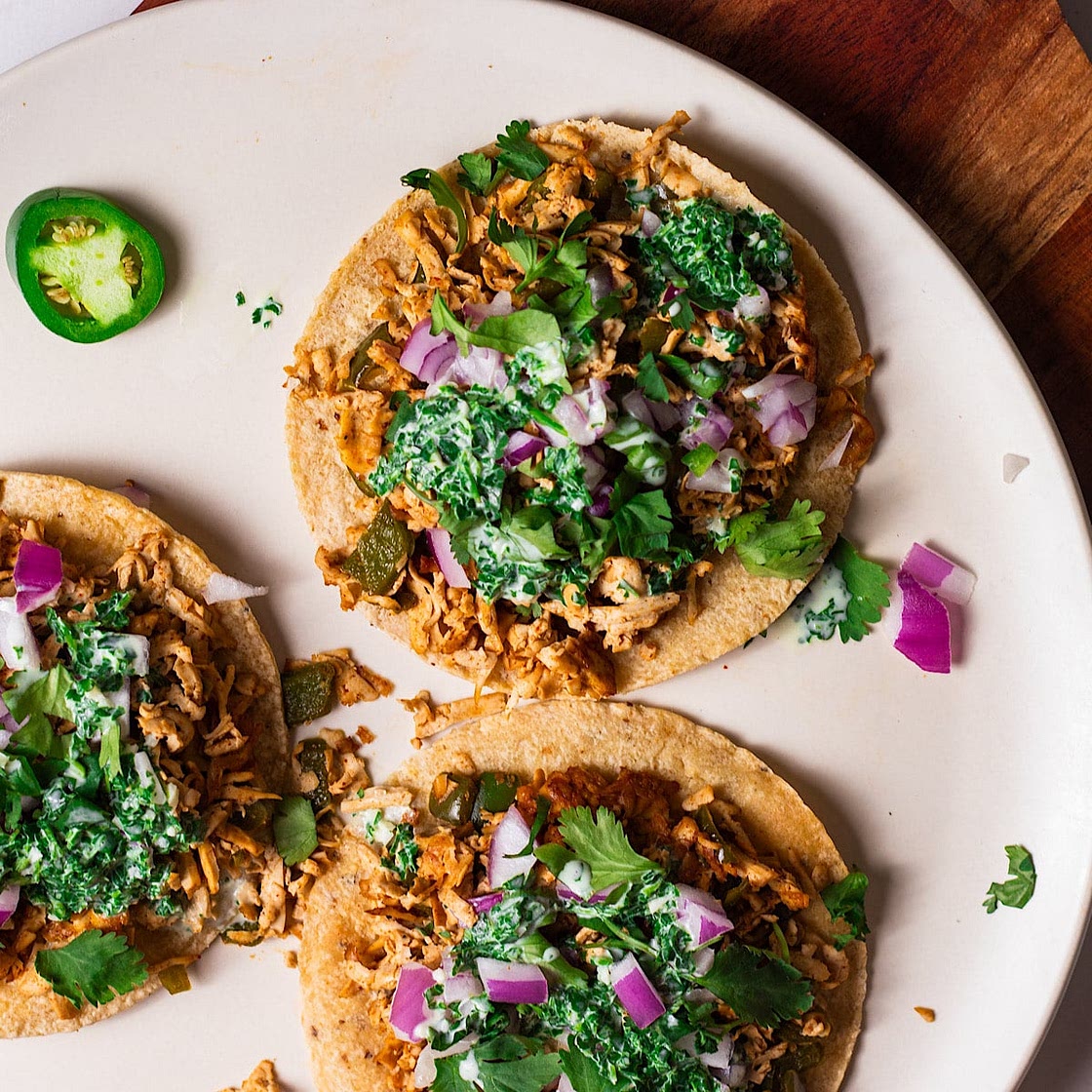 Shredded Tofu Tostadas with Cilantro Yogurt Sauce