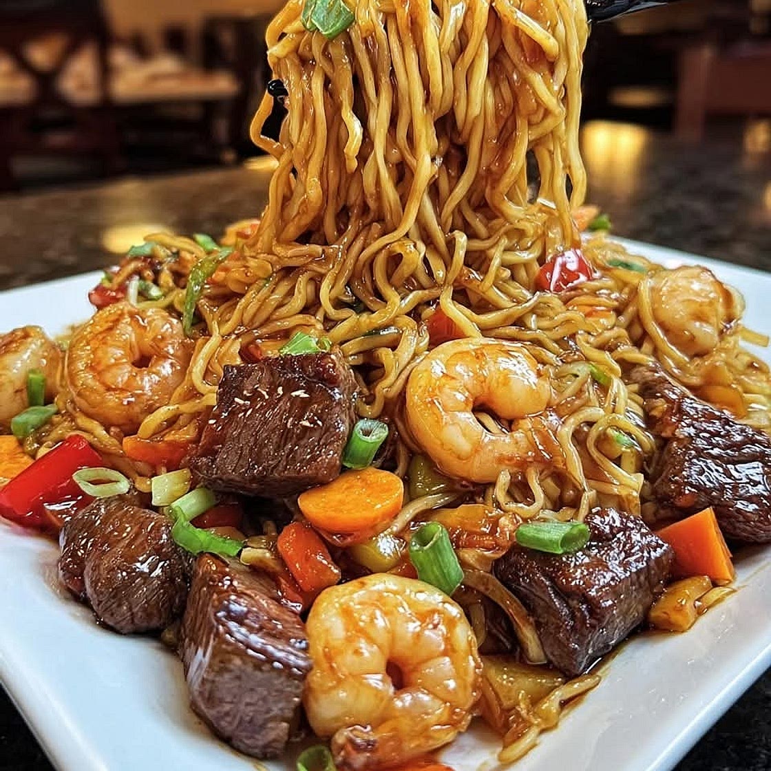 Sizzling Steak & Shrimp Teriyaki Noodles