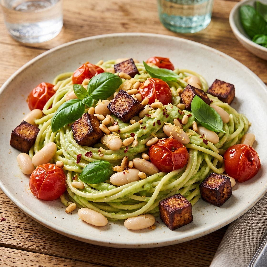 Protein-Avocado-Pasta mit Kirschtomaten, Räuchertofu & weißen Bohnen