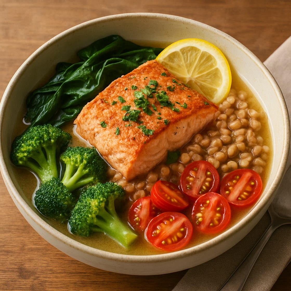 Salmon Farro Bowl with Lemon-Parmesan Broth