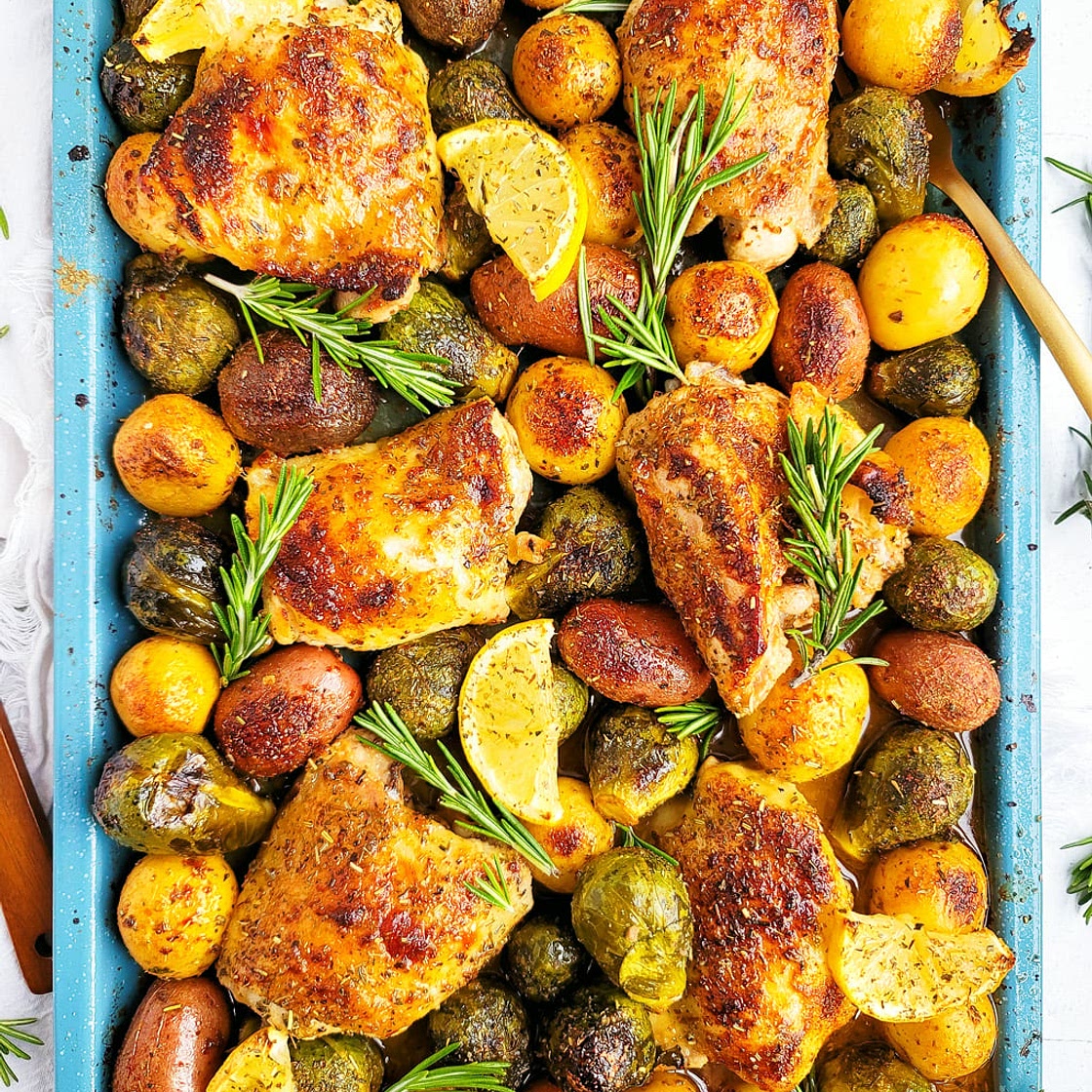 Lemony Rosemary Sheet Pan Chicken with Brussels Sprouts & Potatoes