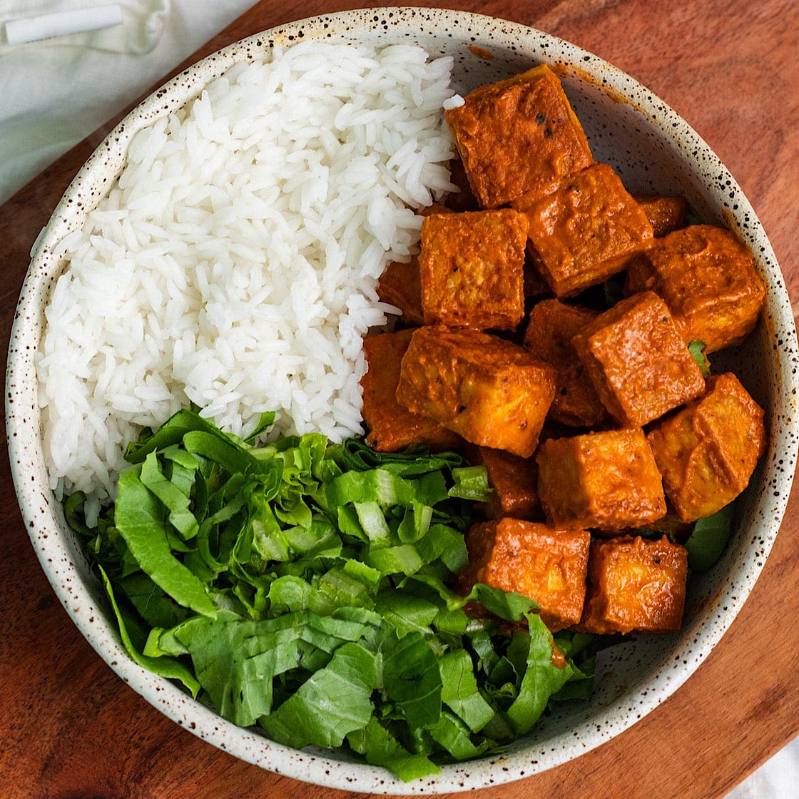 vegan buffalo baked tofu with broccoli