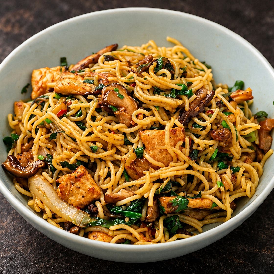 Chicken Rice Noodles with Shiitake, Baby Bok Choy & Thai Basil