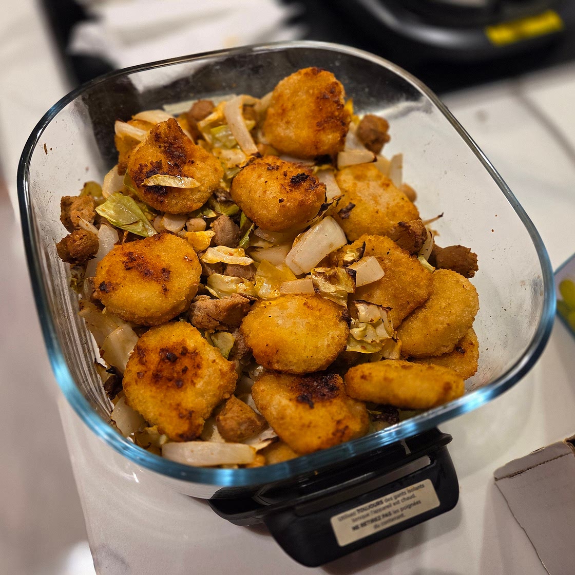 Air Fryer Piri-Piri Soy Curls & Chickpeas with Potatoes and Cabbage