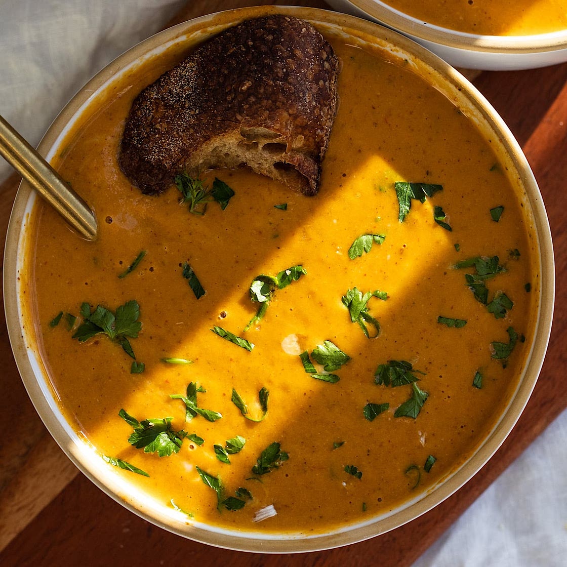 Vegan Creamy Red Pepper Sweet Potato Soup with Almond Butter