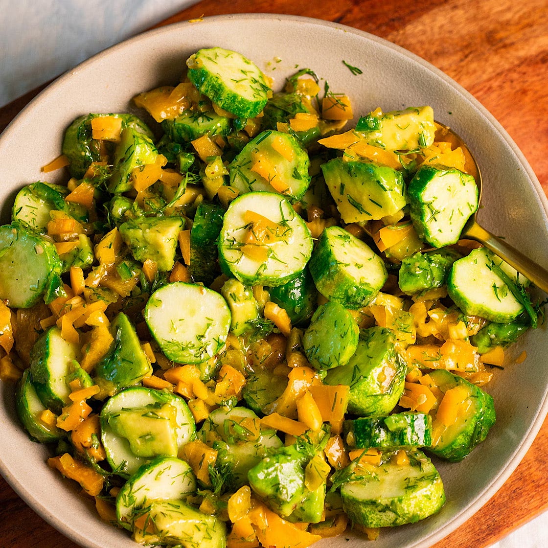Cucumber Sweet Pepper and Avocado Salad with Lemon Honey Mustard Dressing