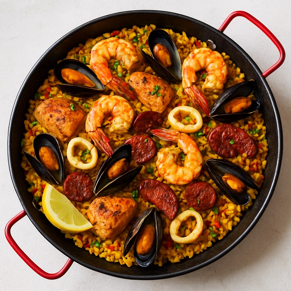 Paella with Seafood, Chicken, and Chorizo