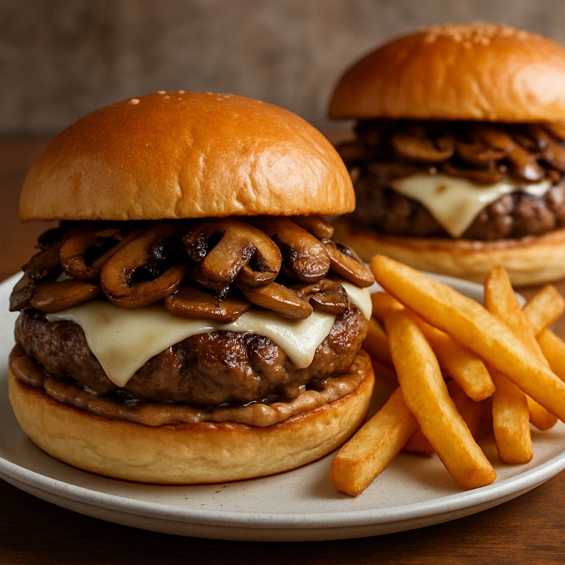 Sirloin Burgers with Balsamic Mayo, Mushrooms and Swiss