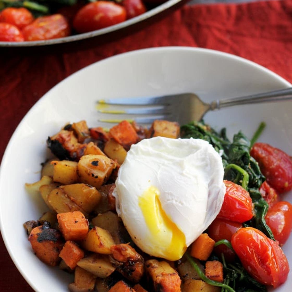 Two-Potato Hash with Poached Eggs and Greens