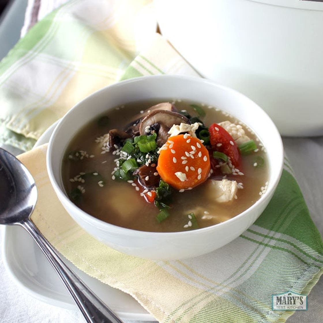 Hearty Vegan Miso Soup with Kale, Mushrooms, and Tofu