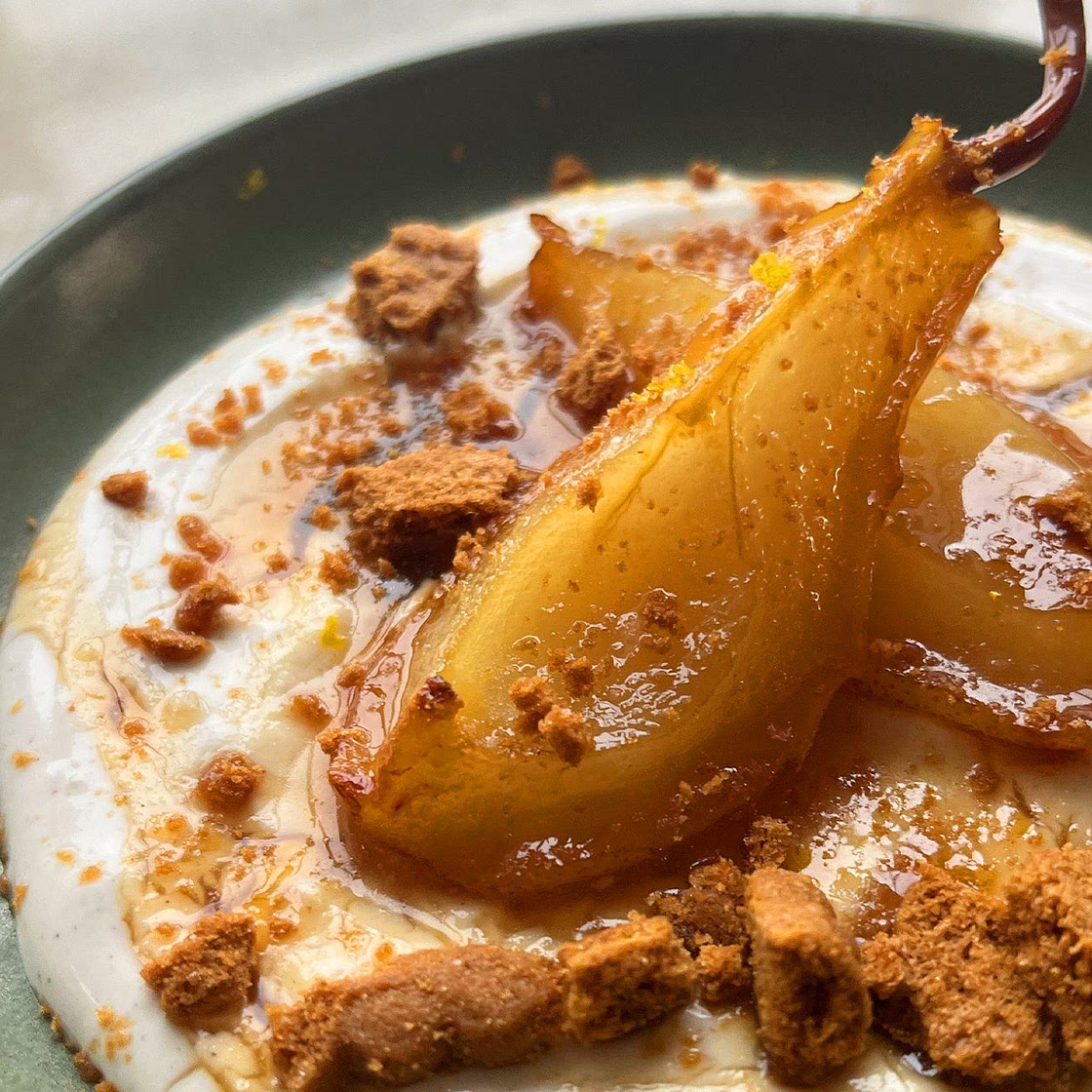 Roasted Pear with spiced ricotta yoghurt and crumbled biscuits