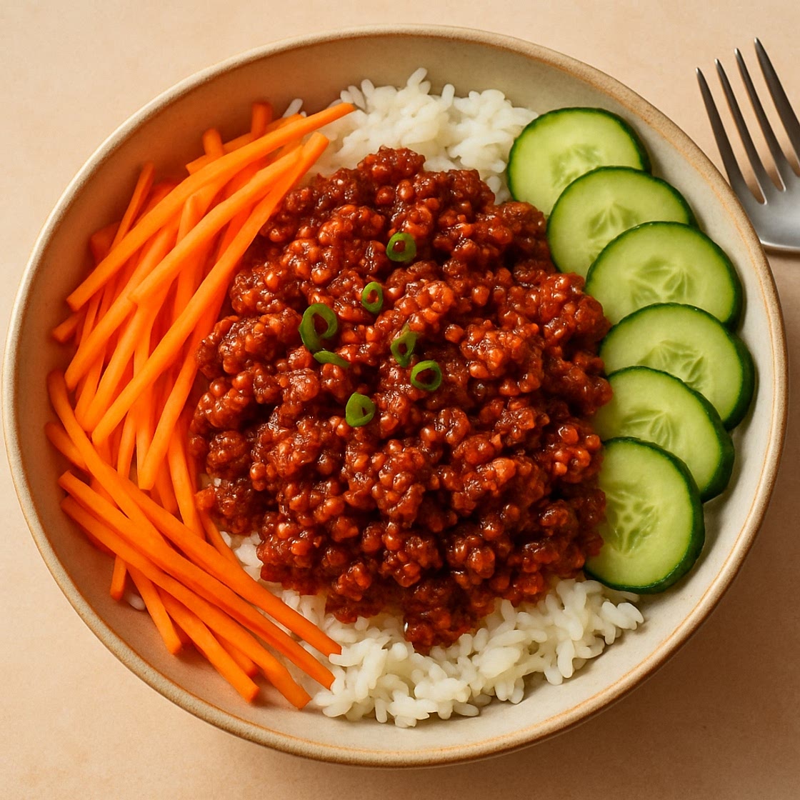 Spicy Chili-Garlic Caramelized Pork Bowl with Carrots, Cucumber & Rice