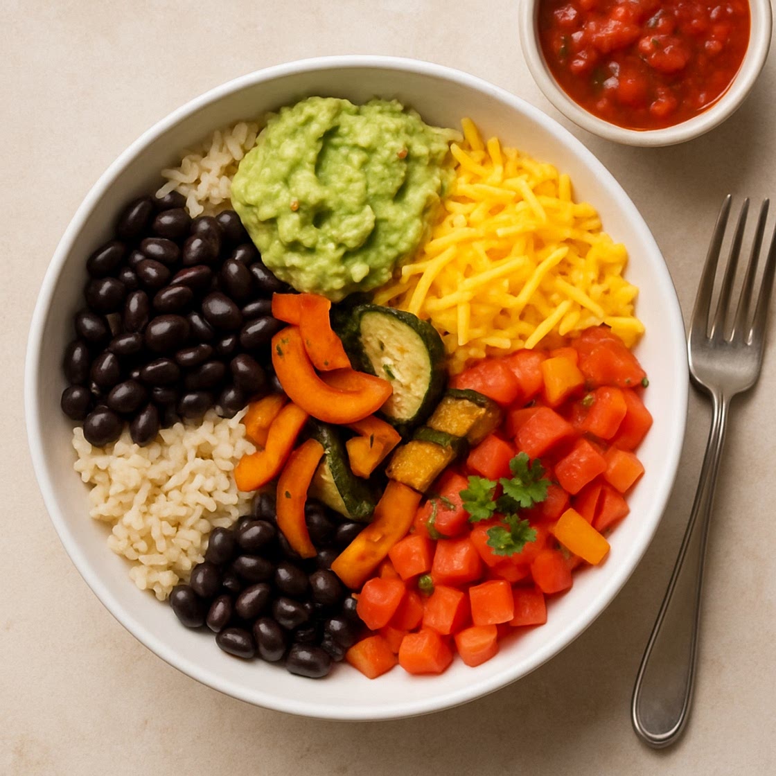 Veggie Burrito Bowl with Salsa, Guacamole & Cheddar