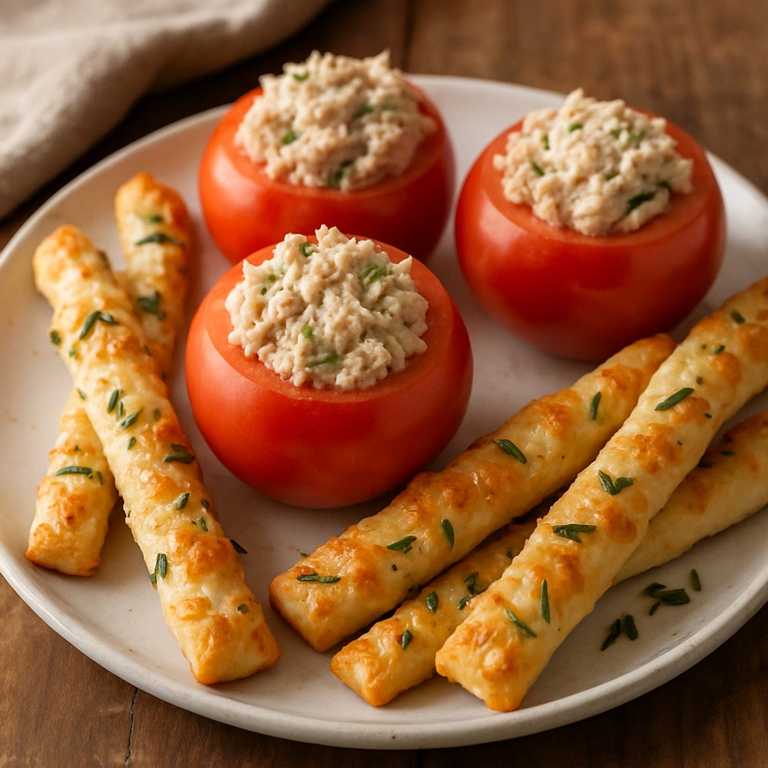 Tuna Salad Stuffed Tomatoes with Cheesy Rosemary Breadsticks