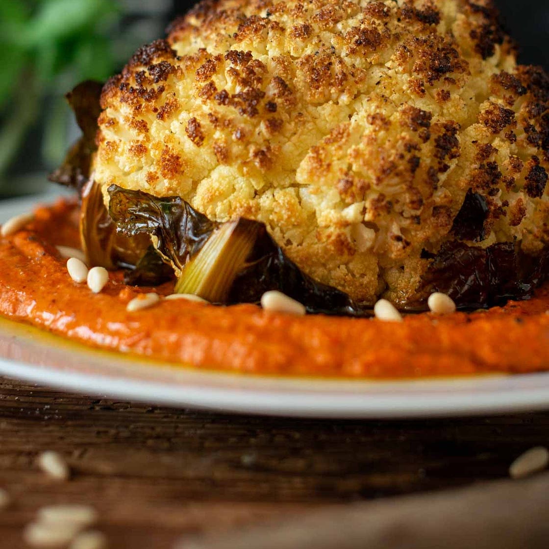Whole Roasted Cauliflower with Roasted Red Pepper Sauce