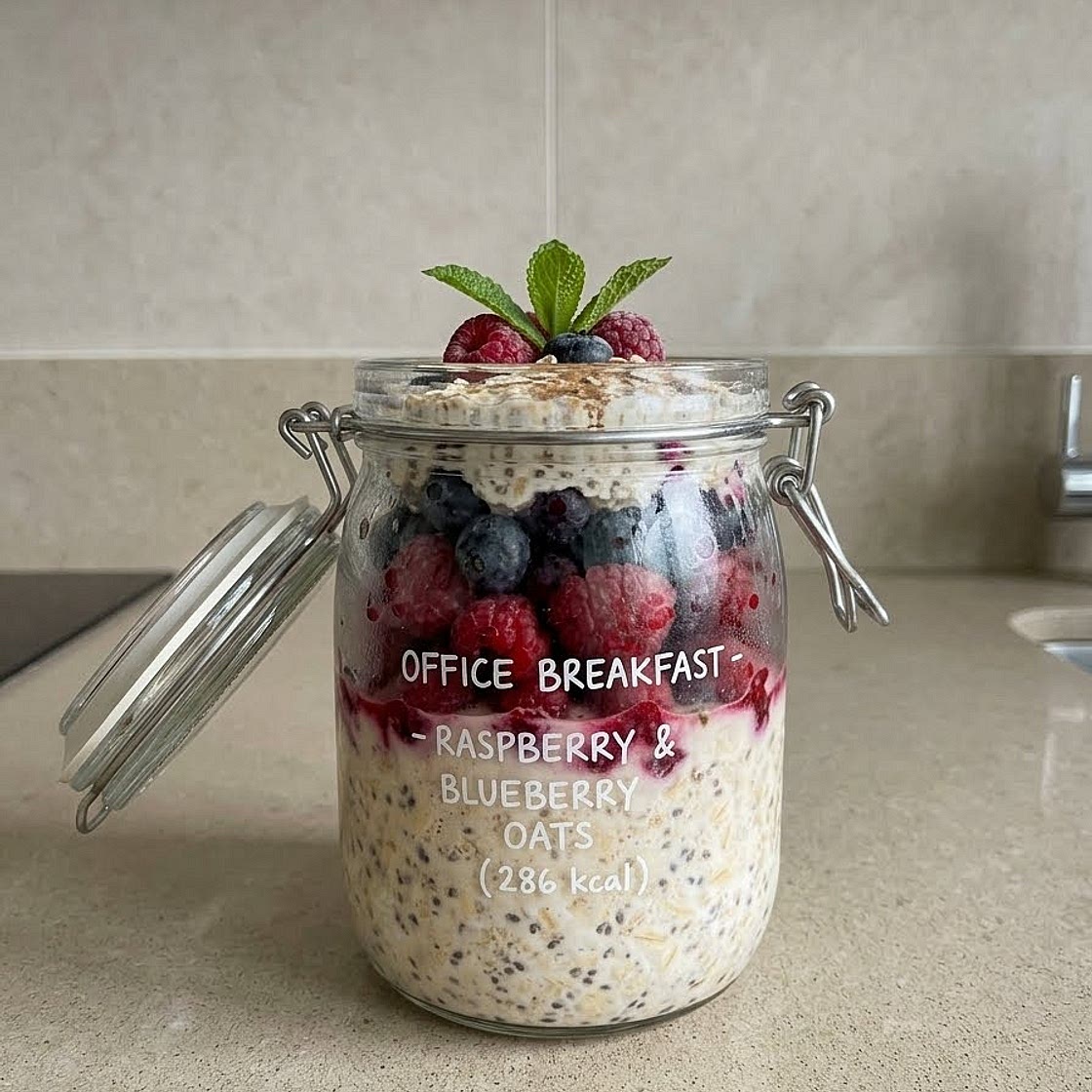 Raspberry-Blueberry High-Fiber Overnight Oats w/ Cottage Cheese