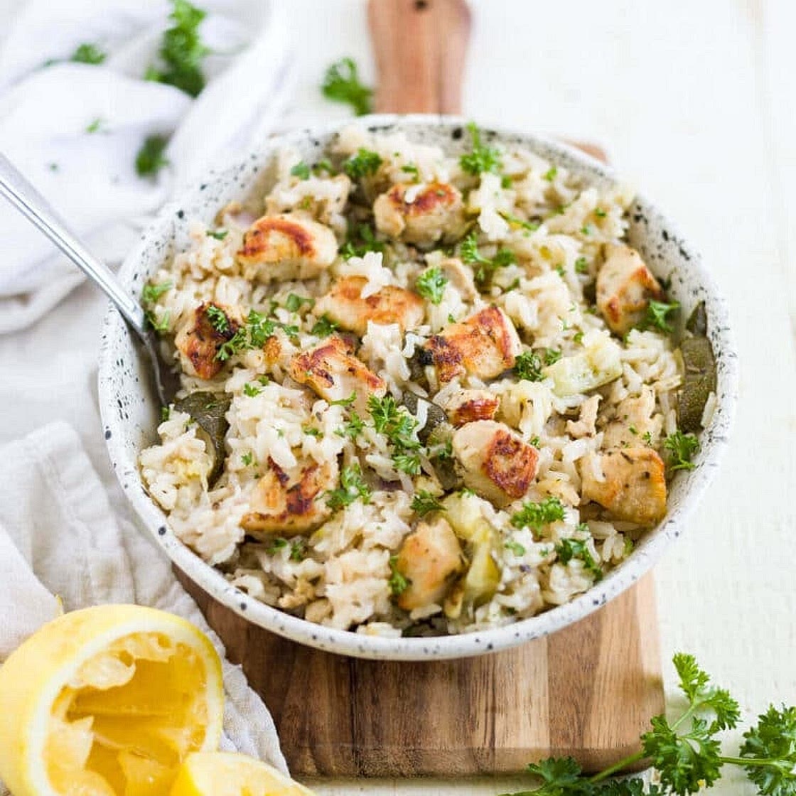 Mediterranean Greek Chicken & Rice Bowls with Fresh Greek Salad and Dairy-Free Tzatziki