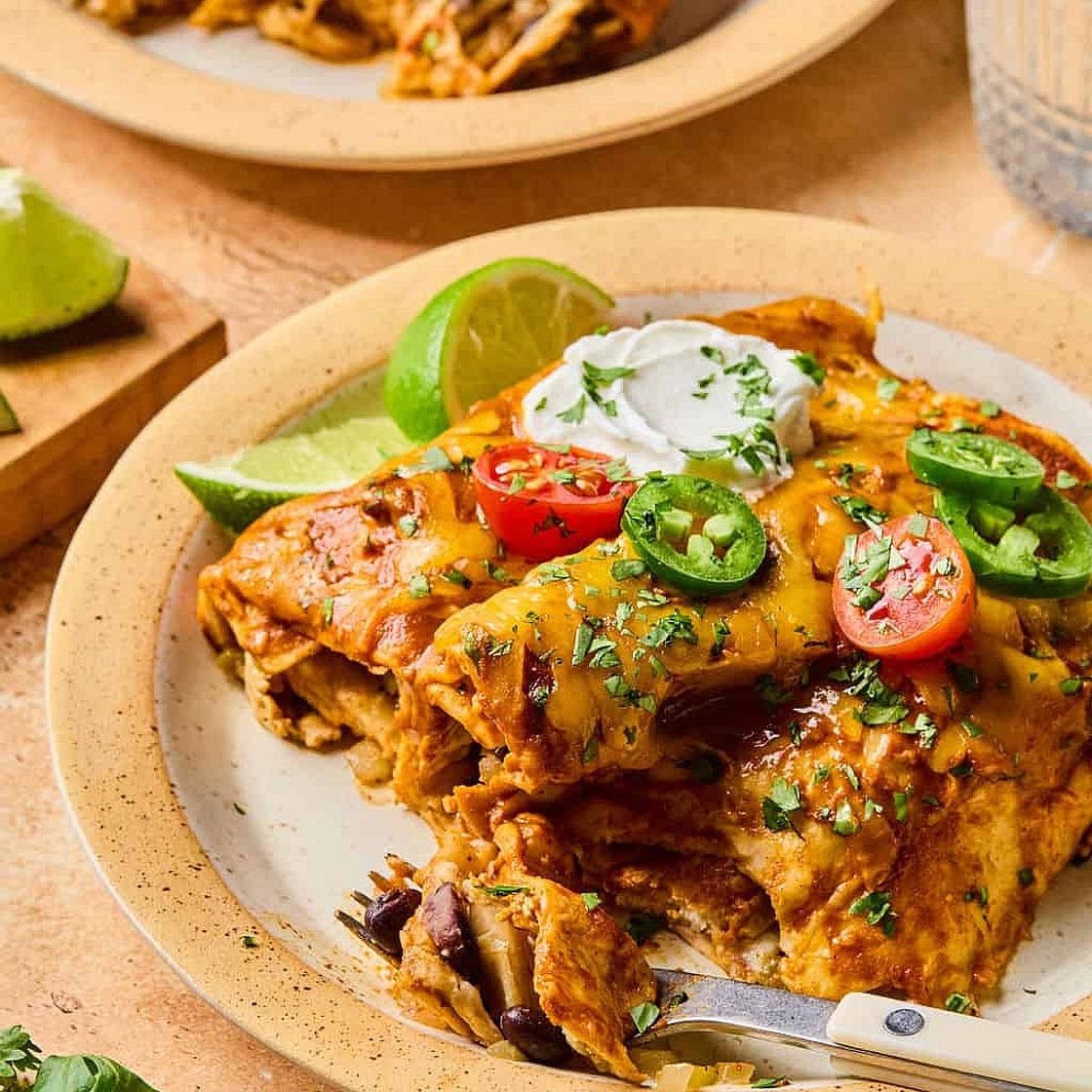 Healthy Chicken & Black Bean Enchiladas with Mexican Lime Salad and Avocado Crema