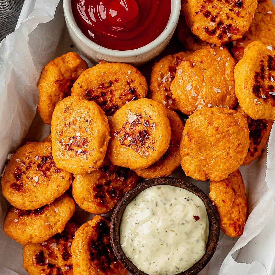 Sweet Potato Chicken Nuggets with Crispy Potato Wedges, Rainbow Slaw & Creamy Honey-Mustard Dip