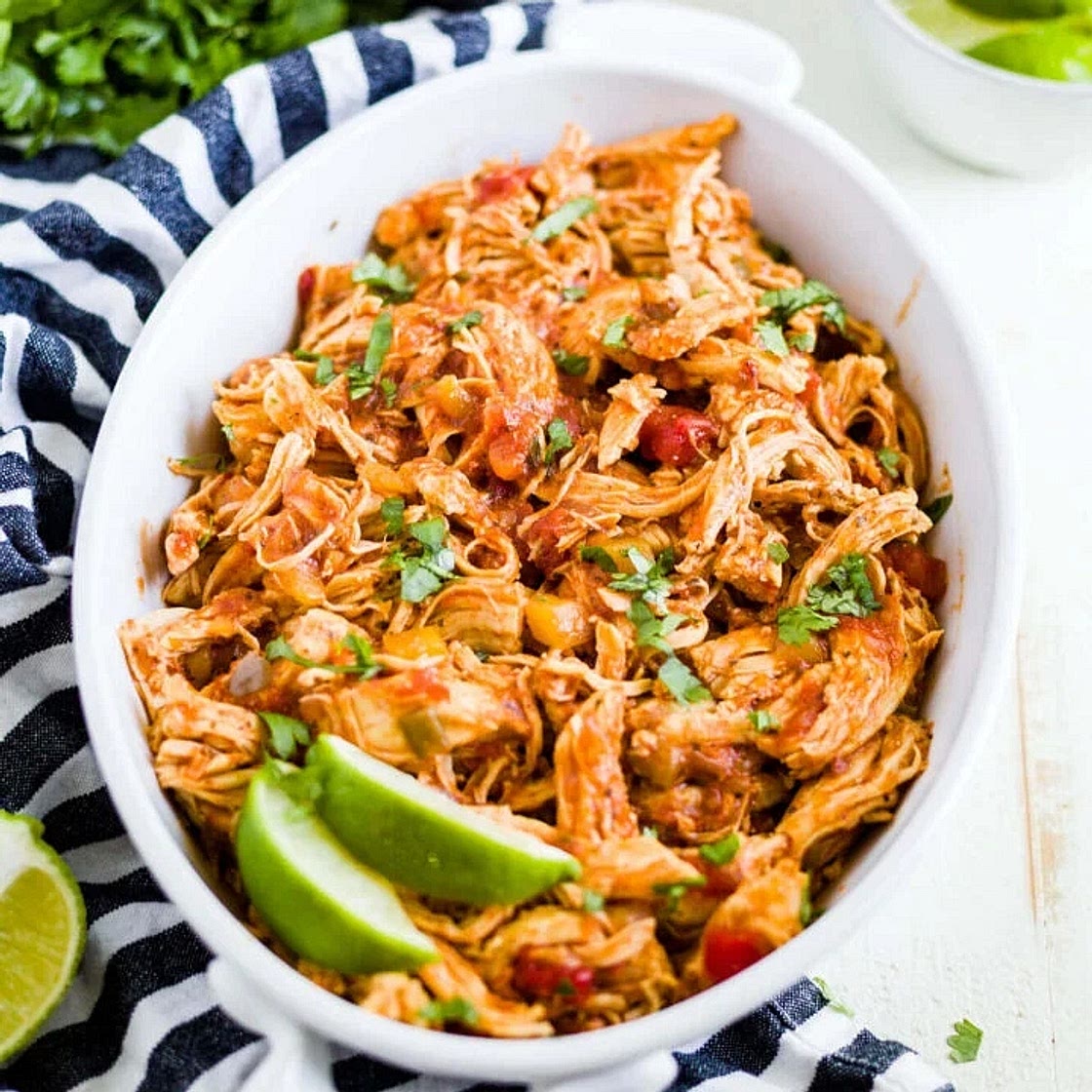Mexican Salsa Chicken Burrito Bowls with Lime Rice, Black Beans, Rainbow Vegetables & Avocado Crema