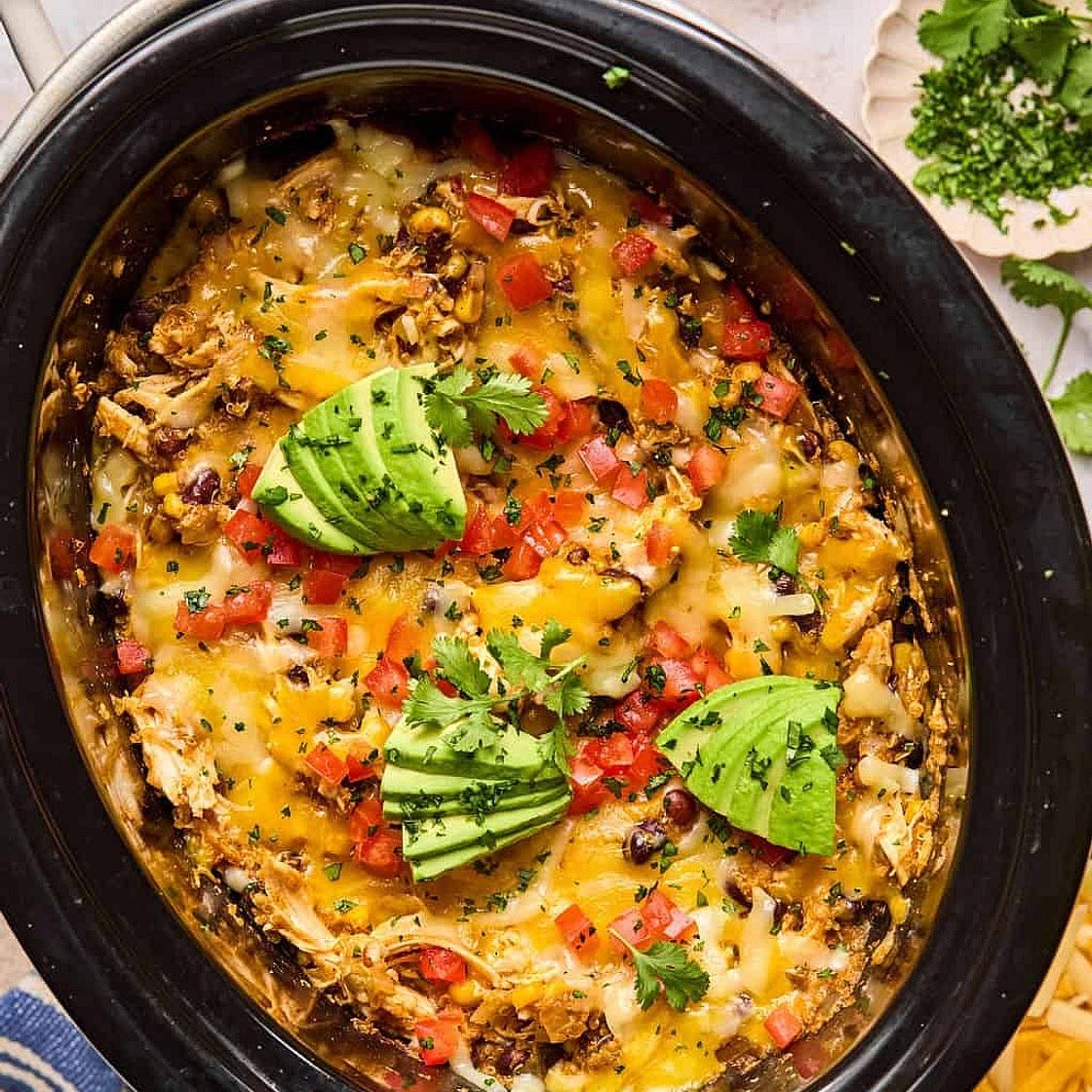 Mexican Chicken, Quinoa & Black Bean Casserole with Rainbow Lime Salad and Avocado Crema