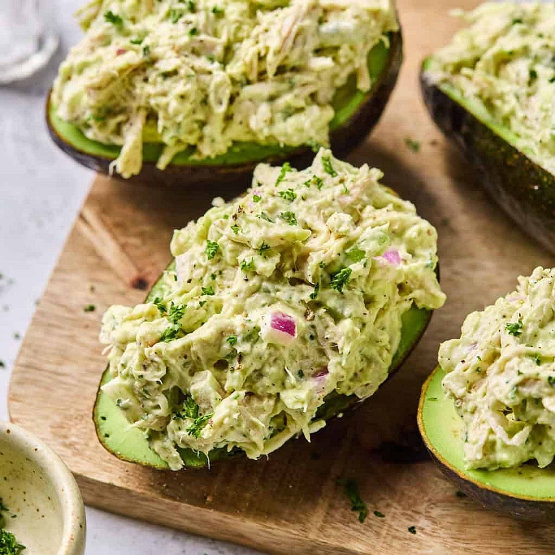 Creamy Chicken Salad Stuffed Avocados with Lemon-Herb Quinoa & Mediterranean Rainbow Salad