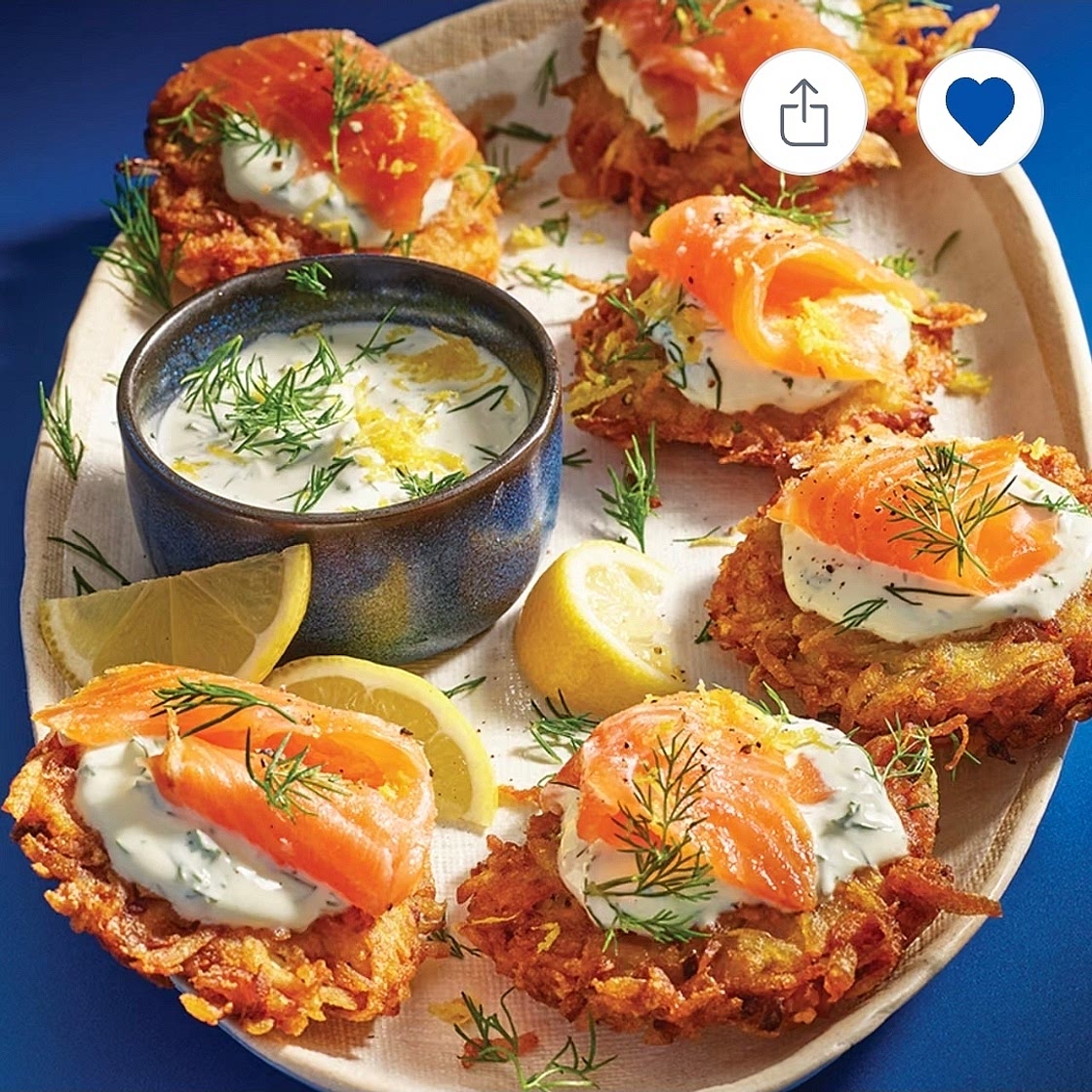 Deluxe smoked salmon latkes with dill crème fraîche