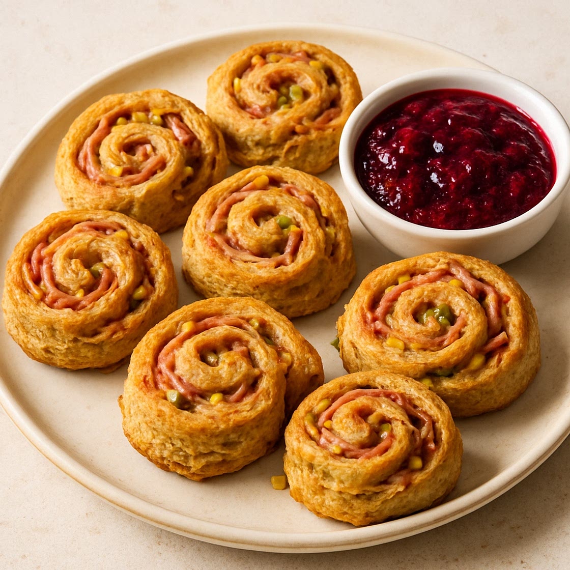 Rye-Pistachio Ham & Swiss Biscuit Spirals (with Fresh Triple-Berry Dip)