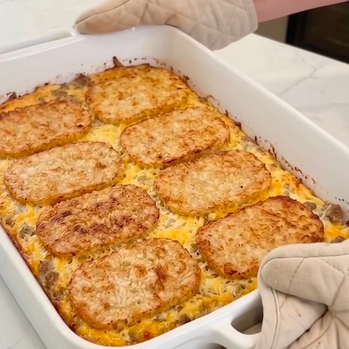 Golden & Crispy Hashbrown Breakfast Casserole with Chicken Sausage