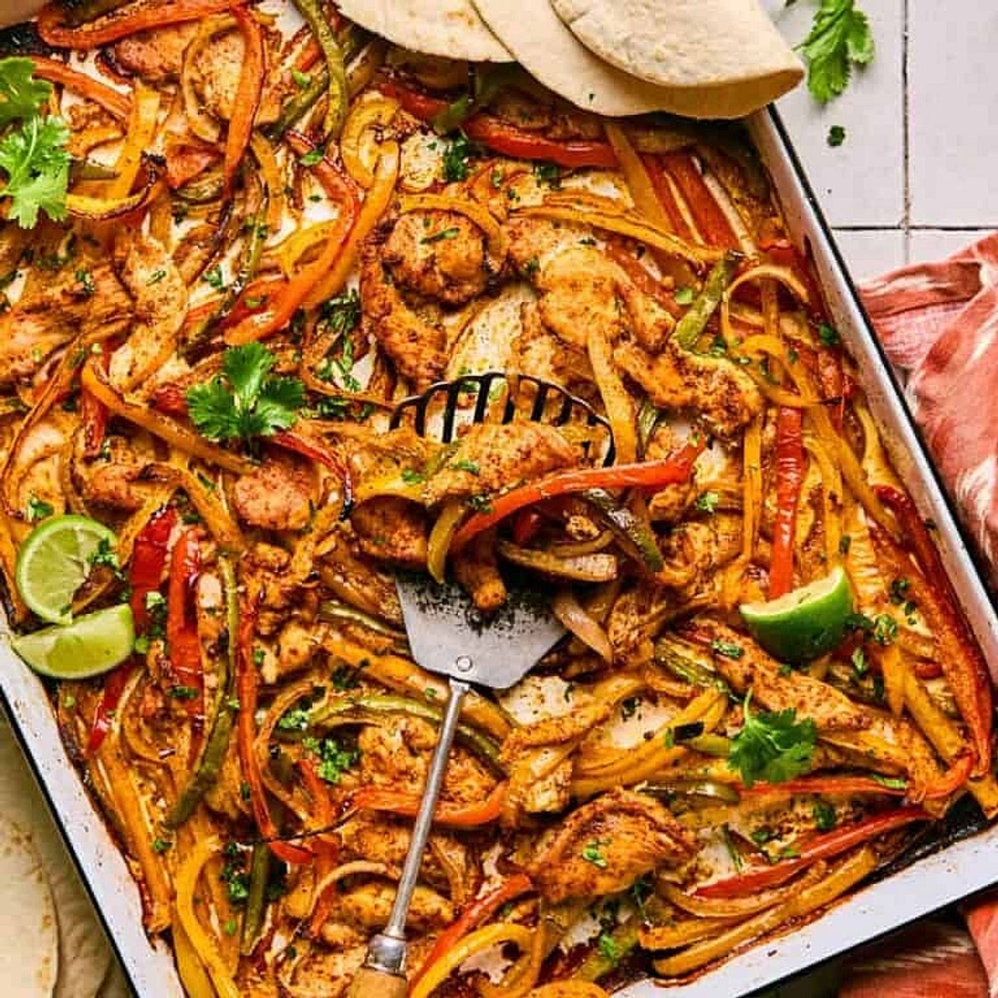 Smoky Sheet Pan Chicken Fajitas with Black Beans, Mexican Rainbow Salad & Avocado-Lime Crema
