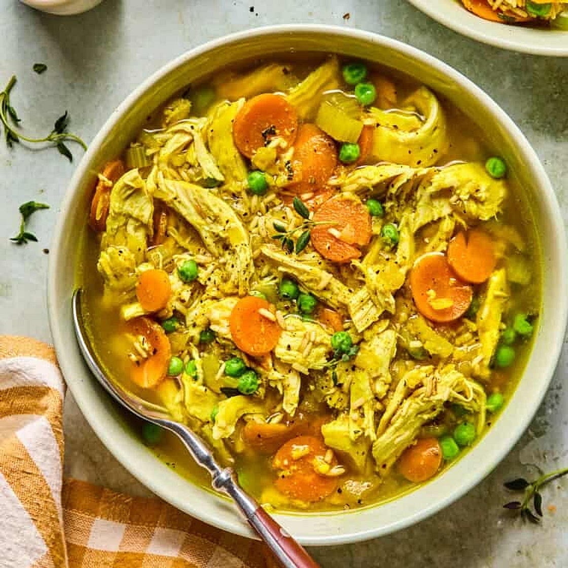 Golden Turmeric & Ginger Chicken Soup with Brown Rice, White Beans & Garden Vegetables