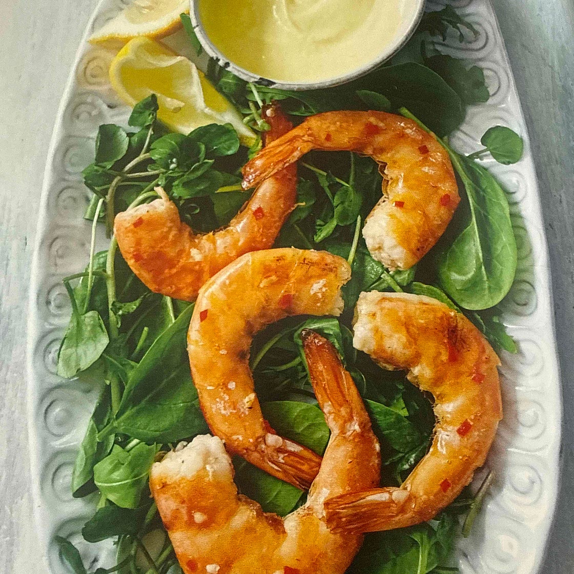 Grilled prawns with turmeric lemon aioli