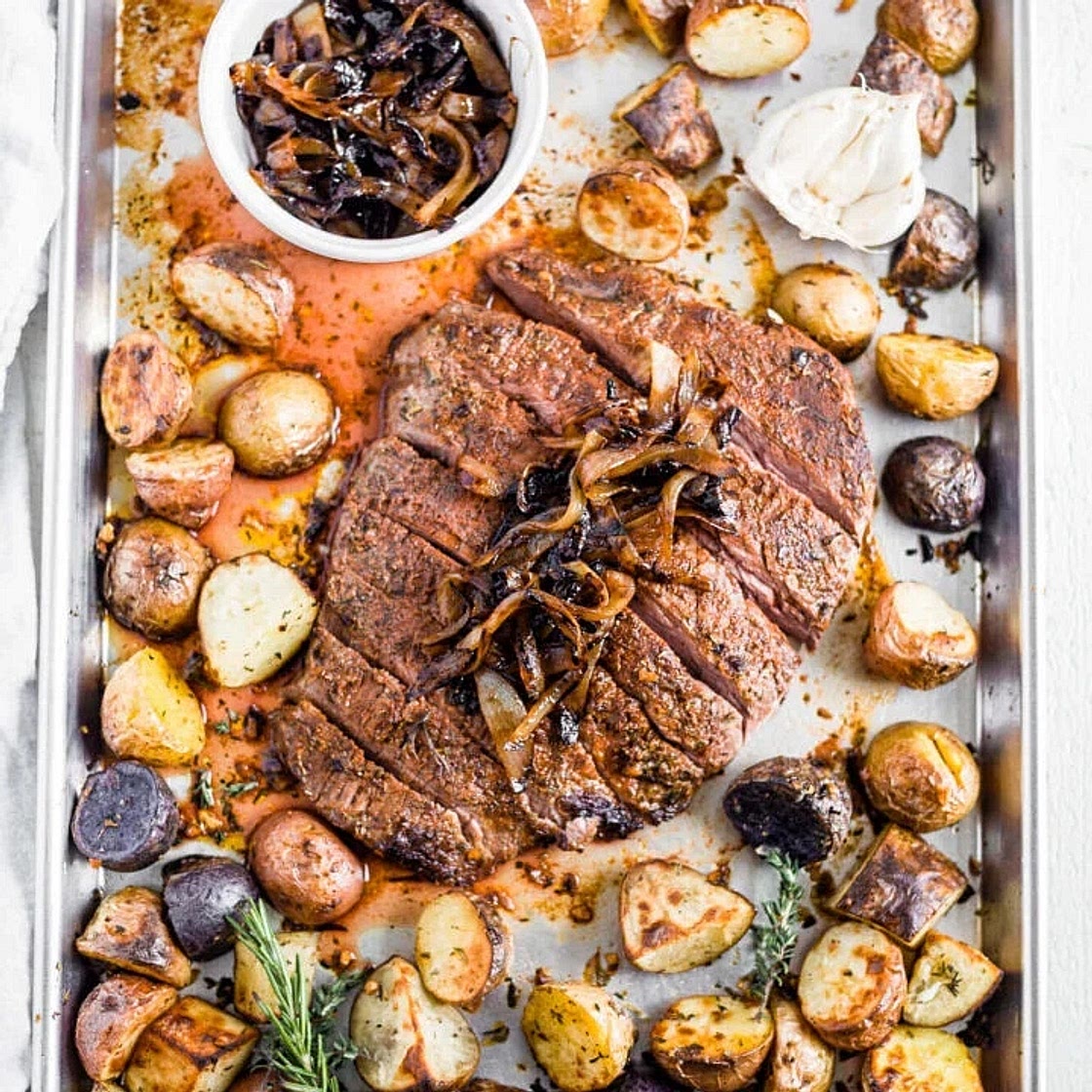 Garlic-Herb Sheet Pan Steak & Potatoes with Roasted Broccoli, Red Peppers and Green Beans