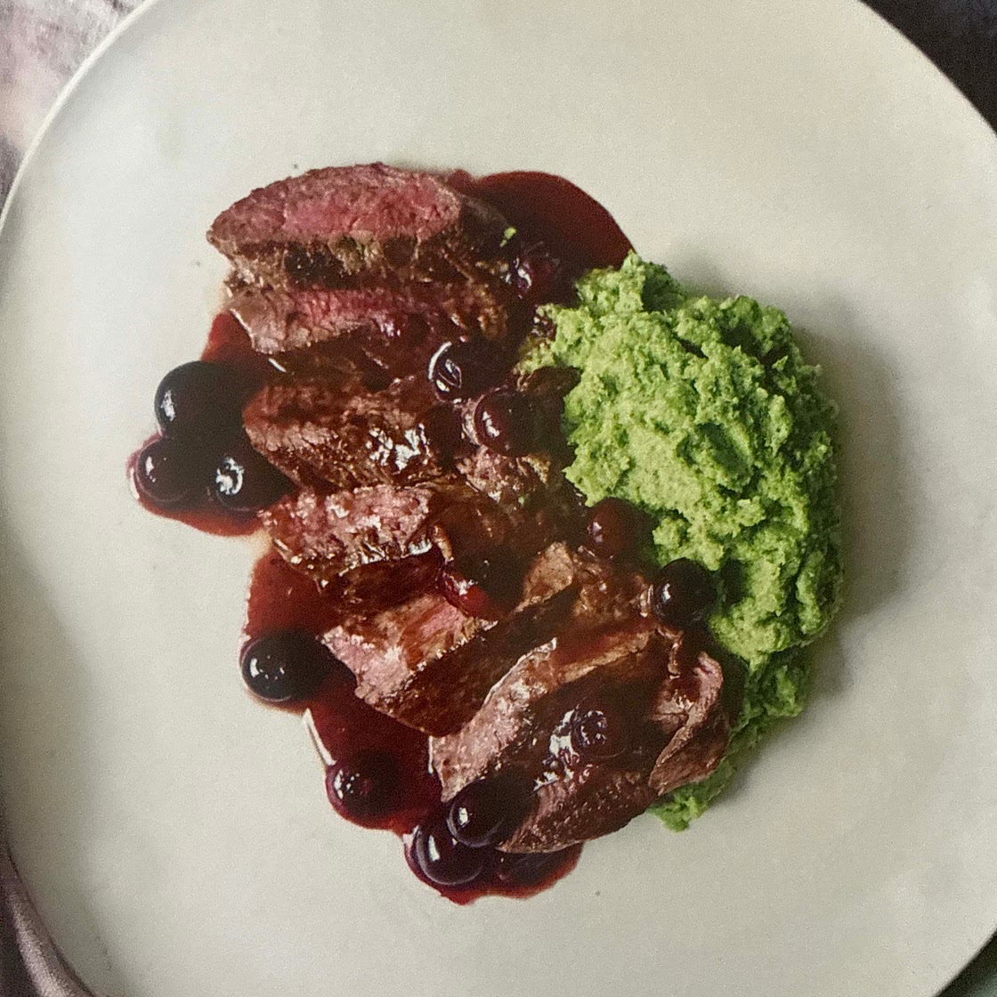 Pan seared Venison with blueberries and broccoli mash