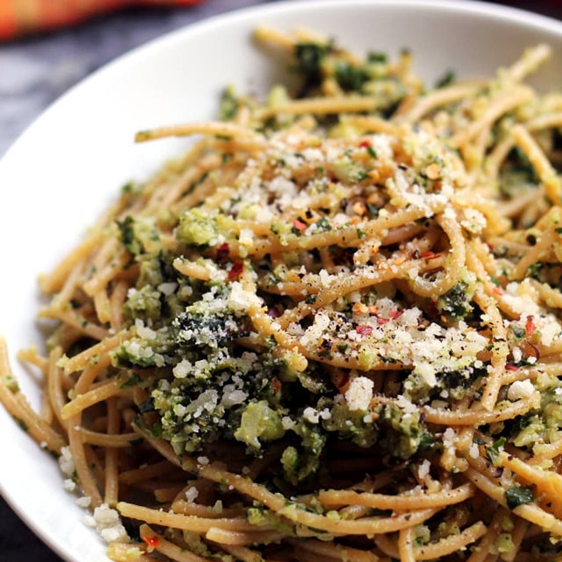 Spaghetti with Cauliflower and Garlicky Swiss Chard Gremolata